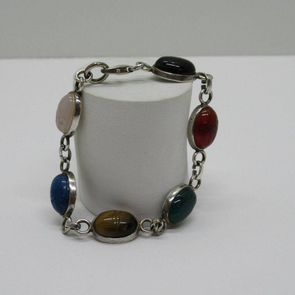 Vintage Mexico Carved Multi Stone Bracelet